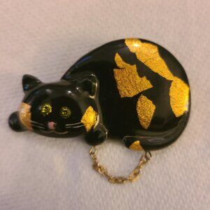 Black Cat Gold Leaf Rhinestone Eyes Gold Chain Brooch